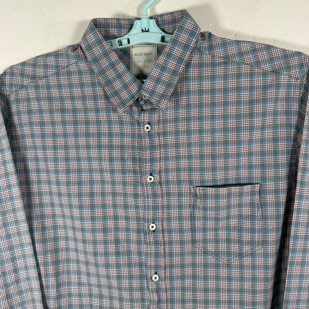 Billy Reid Shirt Mens 2XL Blue Button Up Long Sleeve Cotton Plaid Made In Italy